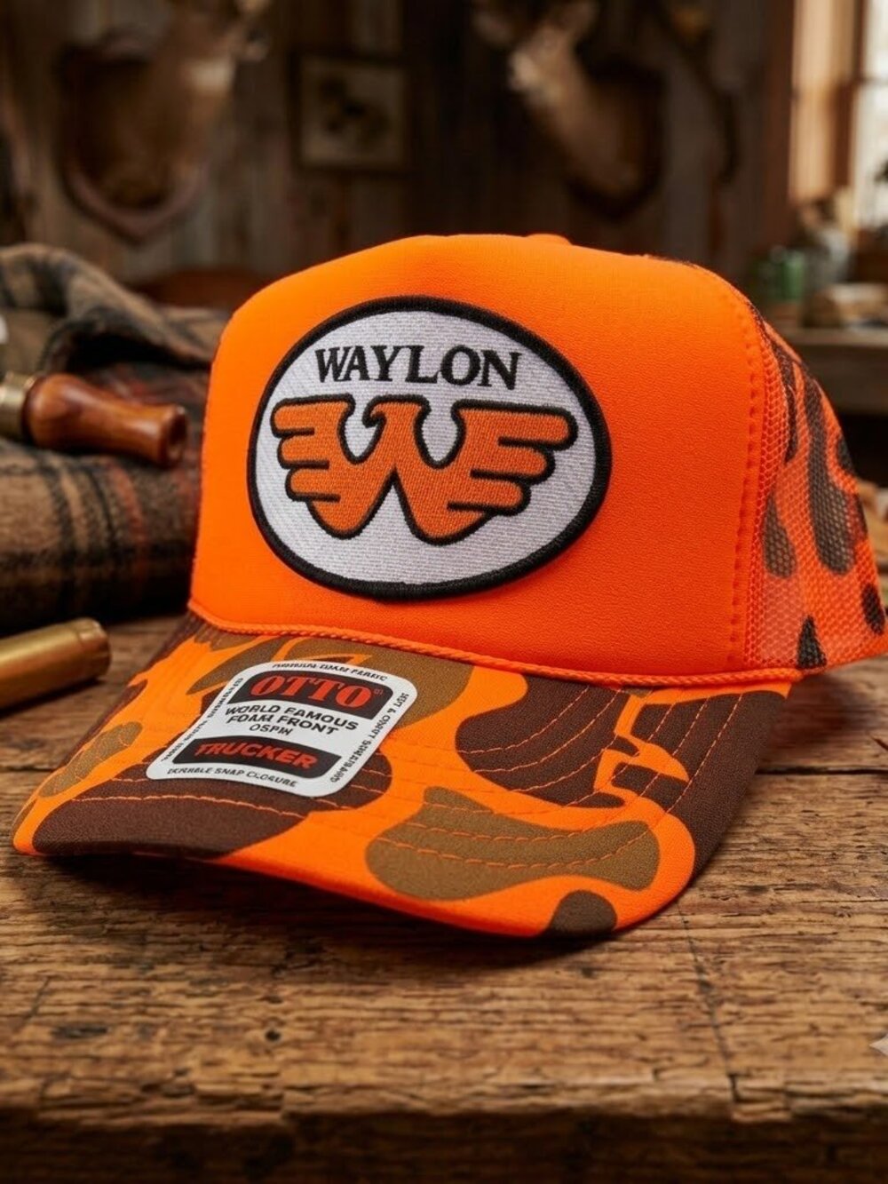 Waylon Jennings Flying W Patch Orange Camo OTTO Foam Trucker Hat Snapback Hunter